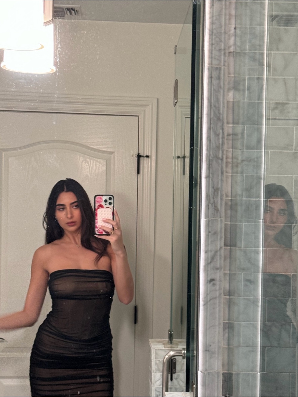superdown Black Strapless Ruched Sheer Midi Dress